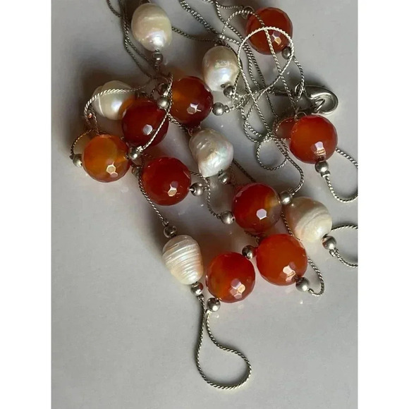 Sterling Silver 925 Multi Layered Pearl Necklace Carnelian Beads Gold Accents - Picture 5 of 8